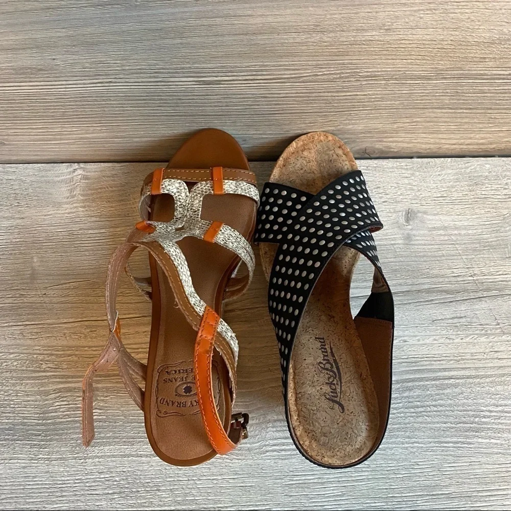 Strappy leather wedge cork sandals Lucky brand Keena with adjustable buckle EUC